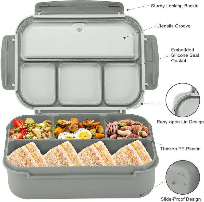 shell and turtle Bento Box Adult Lunch Box, Lunch Containers for Kids Girls Boys with 4 Compartments, Lunchable Food Container with Utensils, Sauce Jar, Muffin Liners, 40 Oz/5 Cup, Microwave & Dishwasher Safe, Gray - Image 3